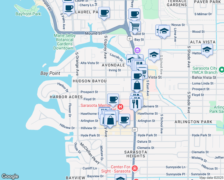 map of restaurants, bars, coffee shops, grocery stores, and more near 1831 Prospect Street in Sarasota