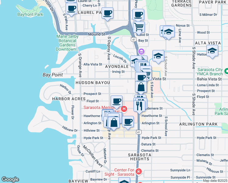 map of restaurants, bars, coffee shops, grocery stores, and more near 1831 Prospect Street in Sarasota