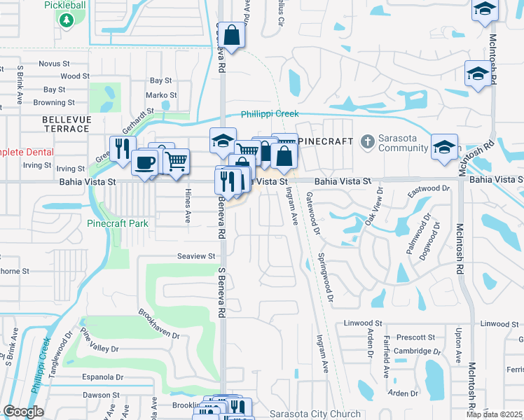 map of restaurants, bars, coffee shops, grocery stores, and more near 1330 Glendale Circle West in Sarasota