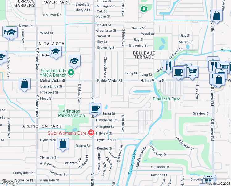 map of restaurants, bars, coffee shops, grocery stores, and more near 2945 Prospect Street in Sarasota