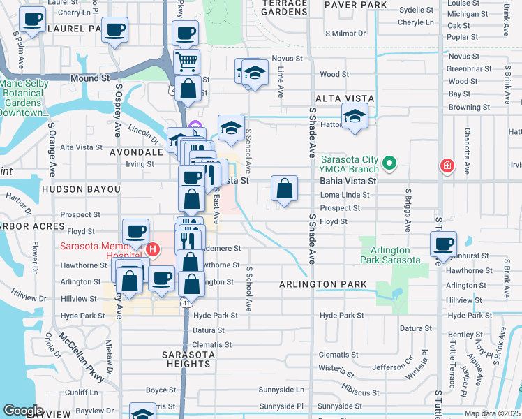 map of restaurants, bars, coffee shops, grocery stores, and more near 2205 Floyd Street in Sarasota