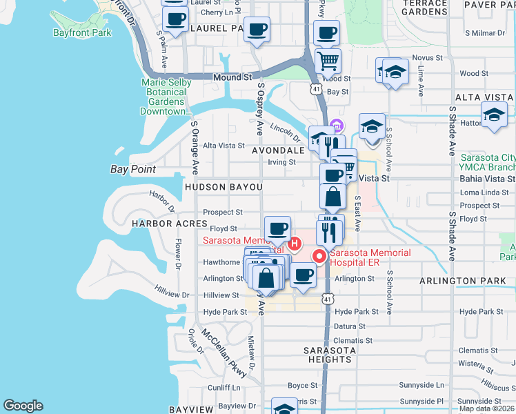 map of restaurants, bars, coffee shops, grocery stores, and more near 1762 Prospect Street in Sarasota