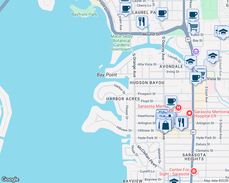 map of restaurants, bars, coffee shops, grocery stores, and more near 1397 Harbor Drive in Sarasota