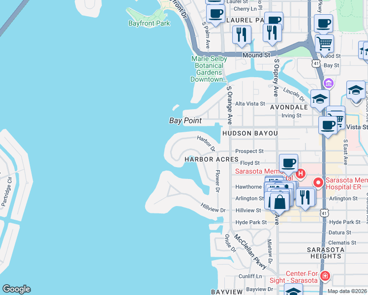 map of restaurants, bars, coffee shops, grocery stores, and more near 1385 Harbor Drive in Sarasota