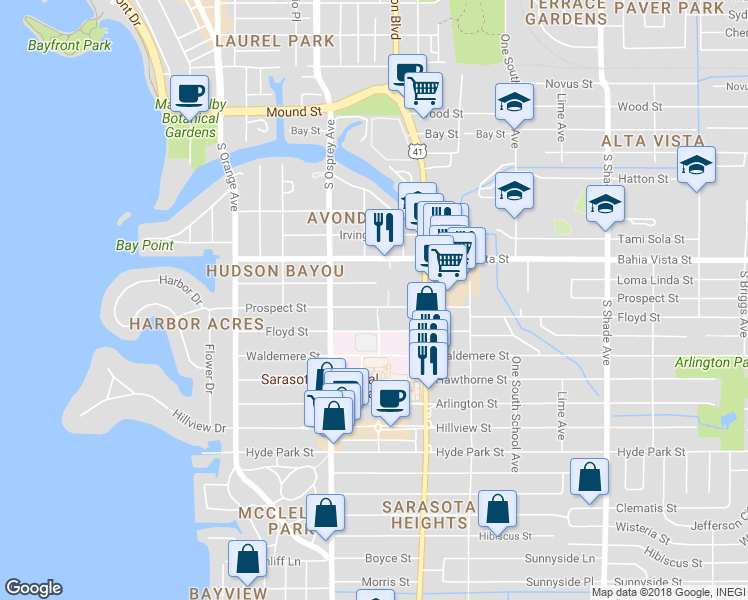 map of restaurants, bars, coffee shops, grocery stores, and more near 1891 Prospect Street in Sarasota