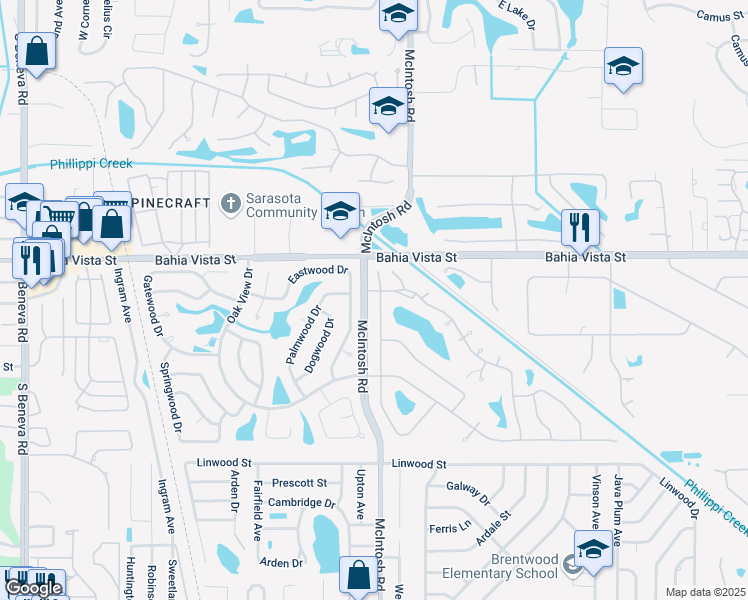 map of restaurants, bars, coffee shops, grocery stores, and more near 1327 Cottonwood Trail in Sarasota