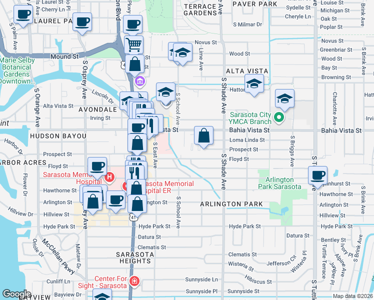 map of restaurants, bars, coffee shops, grocery stores, and more near 2205 Floyd Street in Sarasota