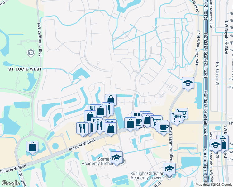 map of restaurants, bars, coffee shops, grocery stores, and more near 233 Northwest Zanzibar Place in Port St. Lucie