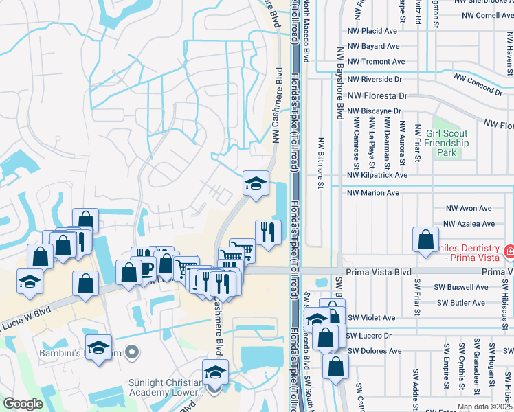 map of restaurants, bars, coffee shops, grocery stores, and more near 300 Northwest Cashmere Boulevard in Port St. Lucie