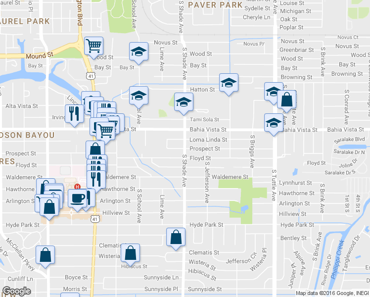 map of restaurants, bars, coffee shops, grocery stores, and more near S Shade Ave & Prospect St in Sarasota