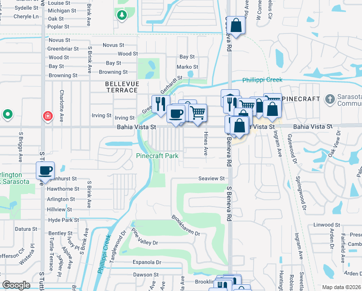 map of restaurants, bars, coffee shops, grocery stores, and more near 8 Clarinda Street in Sarasota