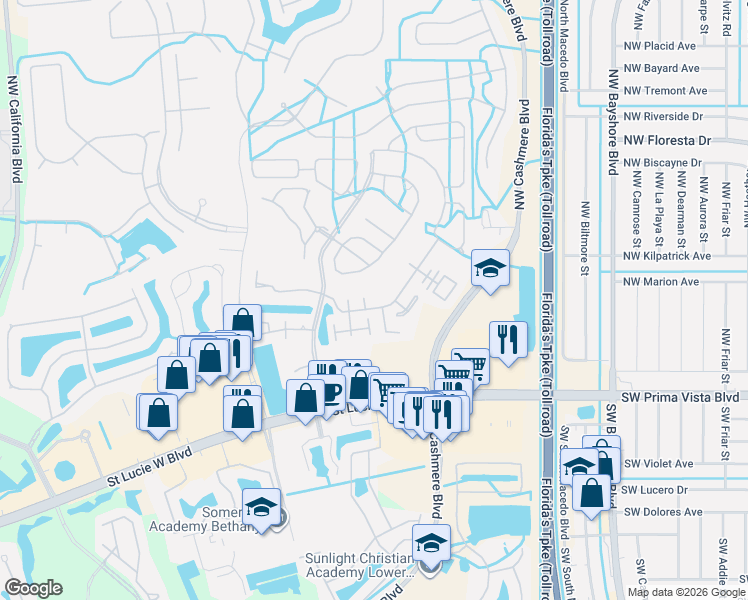 map of restaurants, bars, coffee shops, grocery stores, and more near 301 Northwest Tuscany Lane in Port St. Lucie