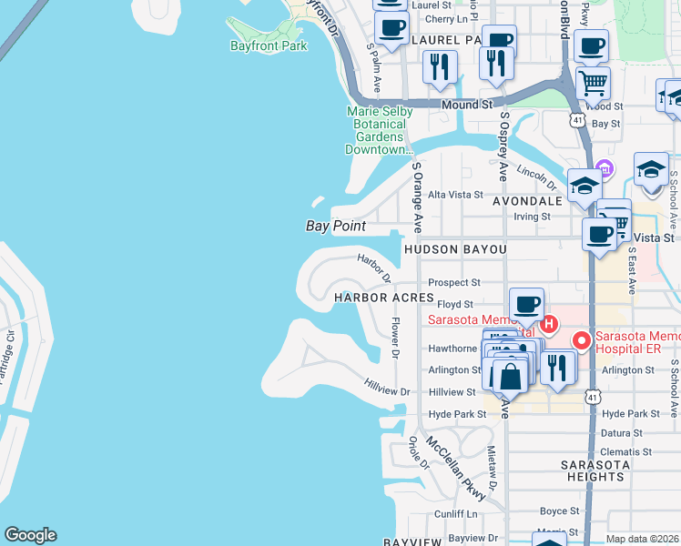 map of restaurants, bars, coffee shops, grocery stores, and more near 1385 Harbor Drive in Sarasota