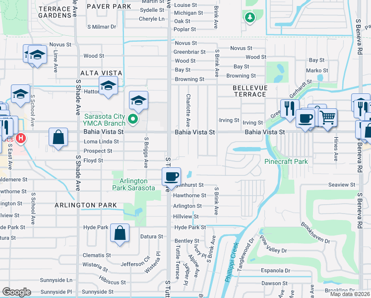 map of restaurants, bars, coffee shops, grocery stores, and more near 1341 Charlotte Avenue in Sarasota