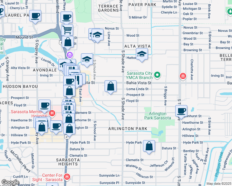 map of restaurants, bars, coffee shops, grocery stores, and more near 2323 Prospect Street in Sarasota