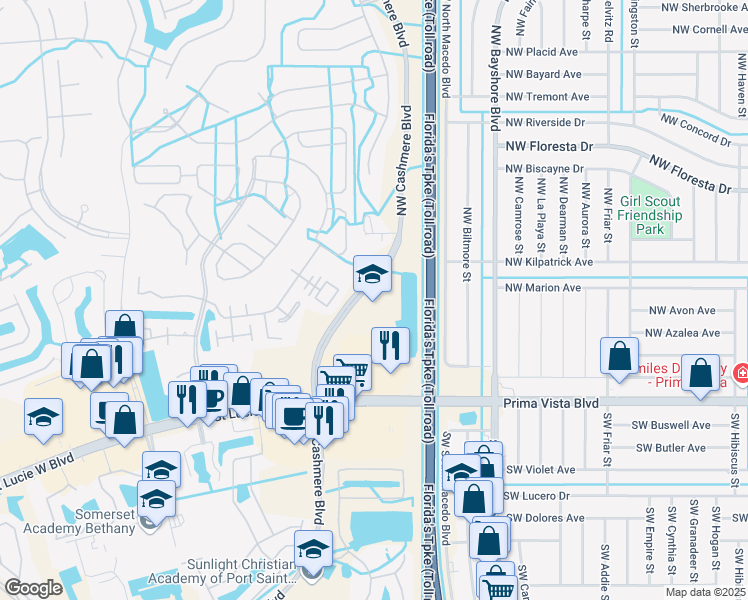 map of restaurants, bars, coffee shops, grocery stores, and more near 300 Northwest Cashmere Boulevard in Port St. Lucie