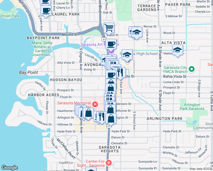 map of restaurants, bars, coffee shops, grocery stores, and more near 1414 South Tamiami Trail in Sarasota
