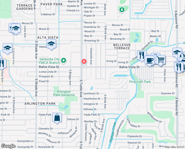 map of restaurants, bars, coffee shops, grocery stores, and more near 1305 Charlotte Avenue in Sarasota