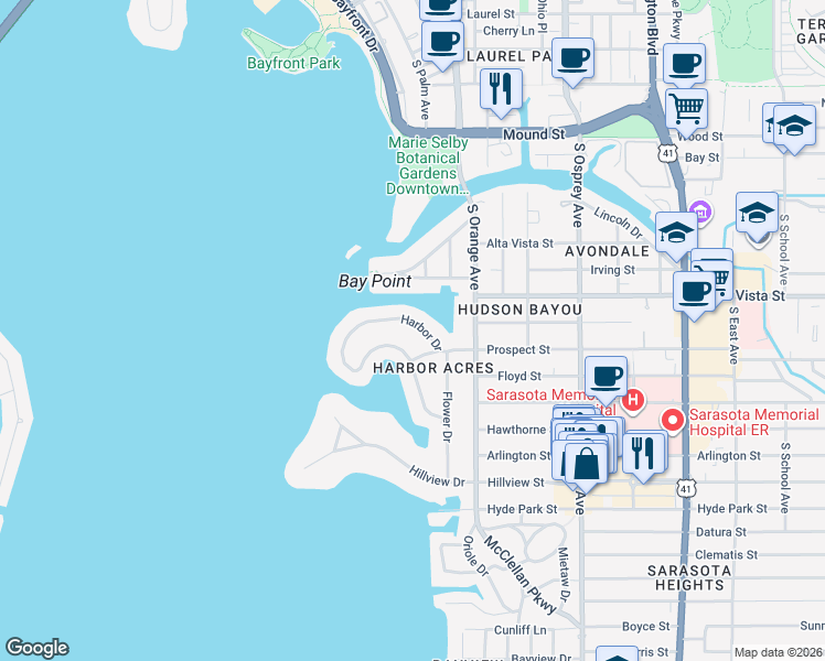 map of restaurants, bars, coffee shops, grocery stores, and more near 1397 Harbor Drive in Sarasota