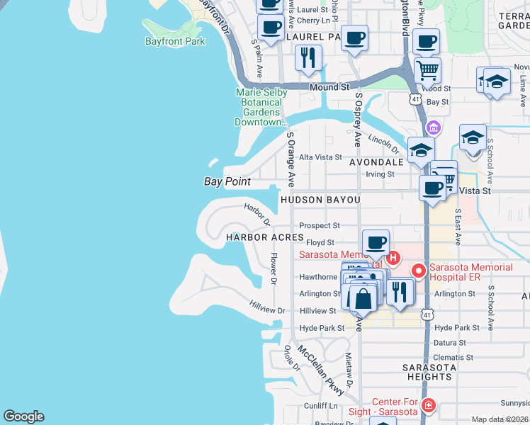 map of restaurants, bars, coffee shops, grocery stores, and more near 1336 Harbor Drive in Sarasota