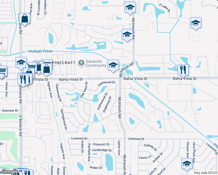 map of restaurants, bars, coffee shops, grocery stores, and more near 1330 Palmwood Drive in Sarasota