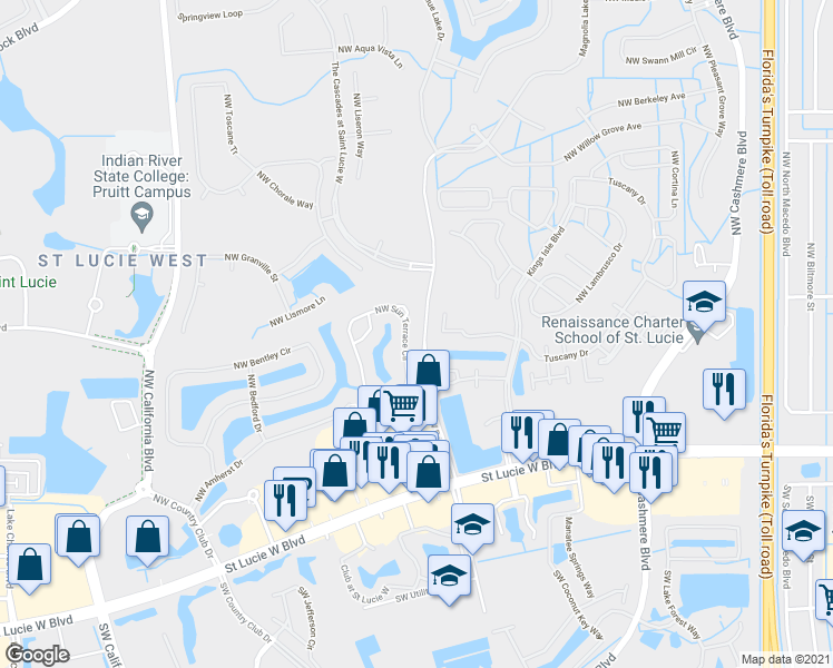 map of restaurants, bars, coffee shops, grocery stores, and more near 1246 Northwest Sun Terrace Circle in Port St. Lucie