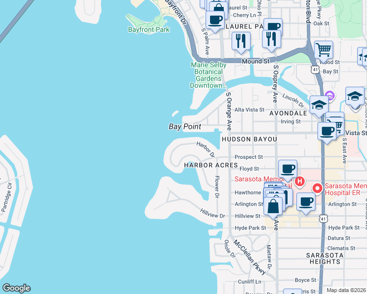 map of restaurants, bars, coffee shops, grocery stores, and more near 1358 Harbor Drive in Sarasota
