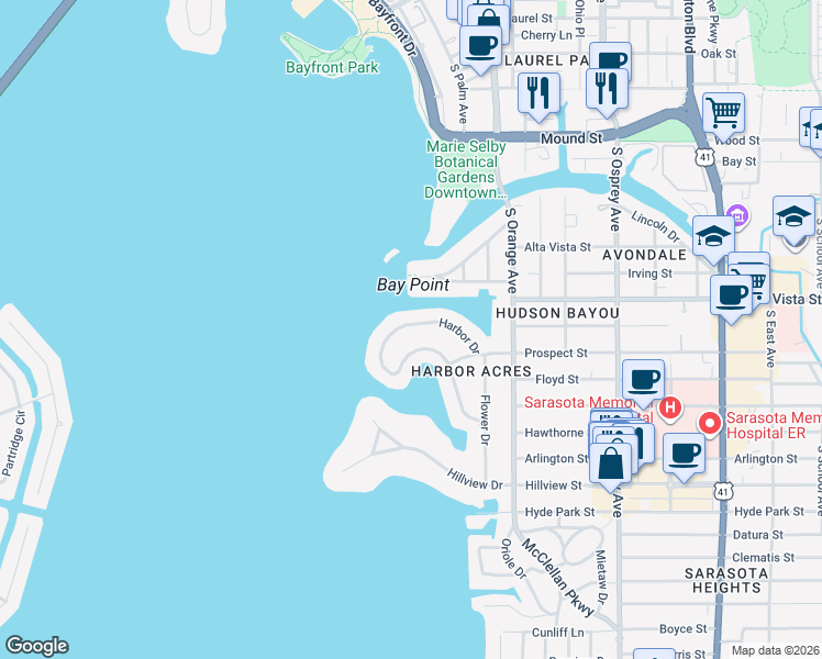 map of restaurants, bars, coffee shops, grocery stores, and more near 1358 Harbor Drive in Sarasota