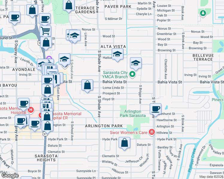 map of restaurants, bars, coffee shops, grocery stores, and more near 2523 Loma Linda Street in Sarasota
