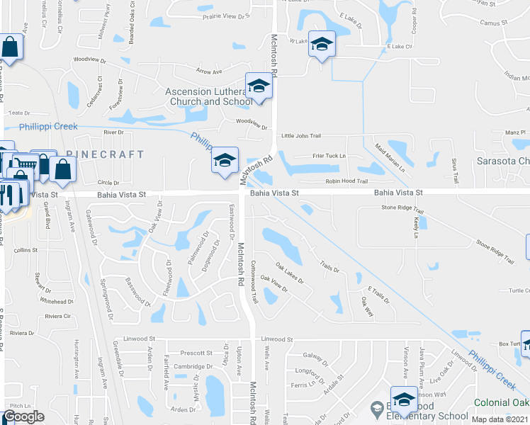 map of restaurants, bars, coffee shops, grocery stores, and more near 4372 Trails Drive in Sarasota