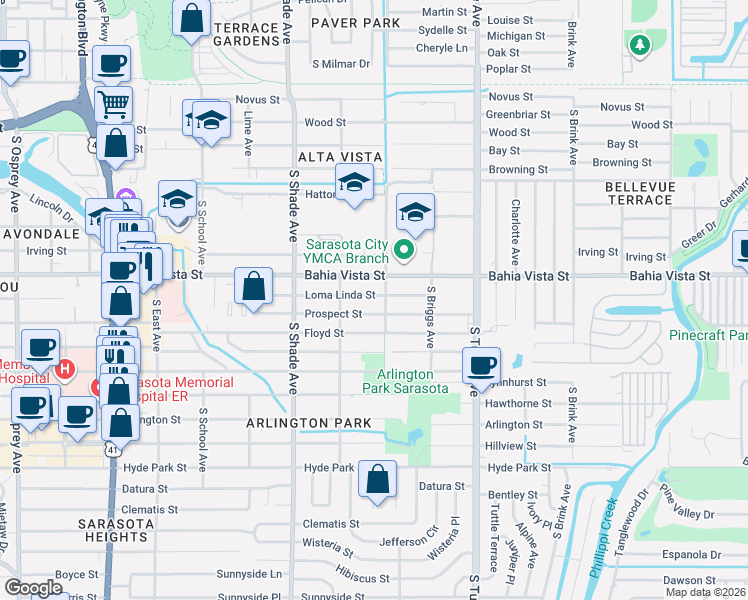 map of restaurants, bars, coffee shops, grocery stores, and more near 1204 South Euclid Avenue in Sarasota