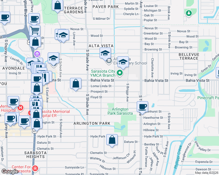 map of restaurants, bars, coffee shops, grocery stores, and more near 1204 South Euclid Avenue in Sarasota
