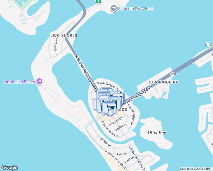 map of restaurants, bars, coffee shops, grocery stores, and more near 204 North Washington Drive in Sarasota