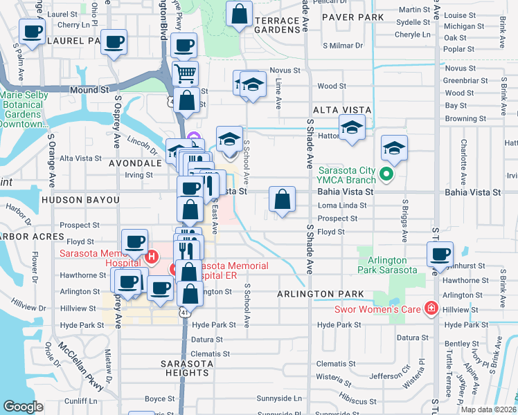 map of restaurants, bars, coffee shops, grocery stores, and more near 2200 Bahia Vista Street in Sarasota
