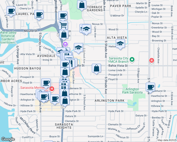 map of restaurants, bars, coffee shops, grocery stores, and more near 2200 Bahia Vista Street in Sarasota