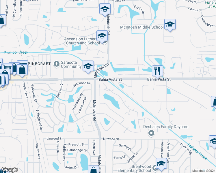 map of restaurants, bars, coffee shops, grocery stores, and more near 4372 Trails Drive in Sarasota