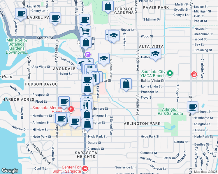 map of restaurants, bars, coffee shops, grocery stores, and more near 2186 Bahia Vista Street in Sarasota