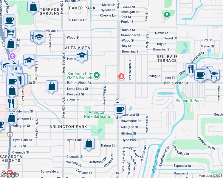 map of restaurants, bars, coffee shops, grocery stores, and more near 1300 South Tuttle Avenue in Sarasota