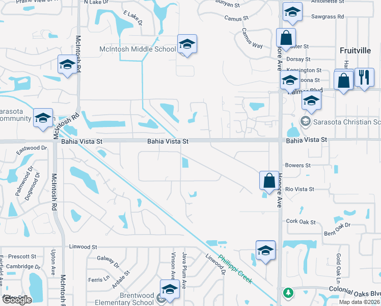 map of restaurants, bars, coffee shops, grocery stores, and more near 4737 Stone Ridge Trail in Sarasota