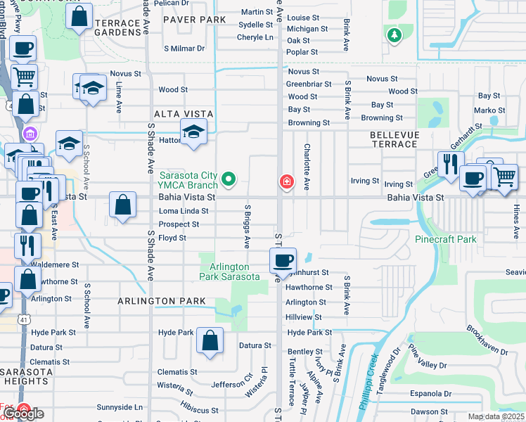 map of restaurants, bars, coffee shops, grocery stores, and more near 2750 Bahia Vista Street in Sarasota