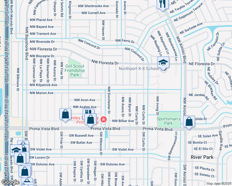 map of restaurants, bars, coffee shops, grocery stores, and more near 435 Northwest Marion Avenue in Port Saint Lucie