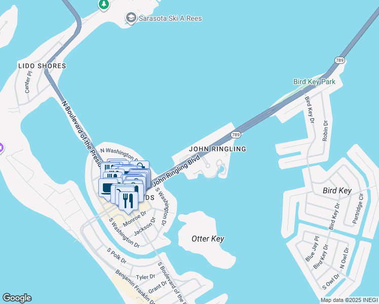 map of restaurants, bars, coffee shops, grocery stores, and more near 765 Florida 789 in Sarasota