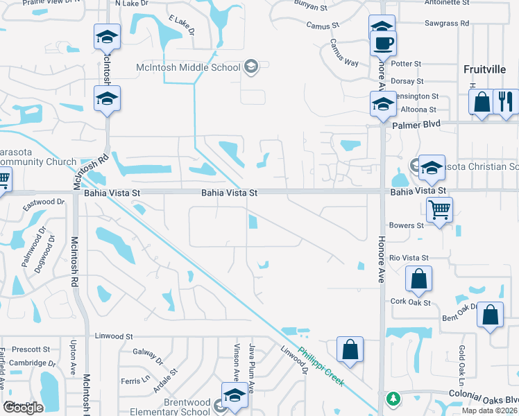 map of restaurants, bars, coffee shops, grocery stores, and more near 4737 Stone Ridge Trail in Sarasota