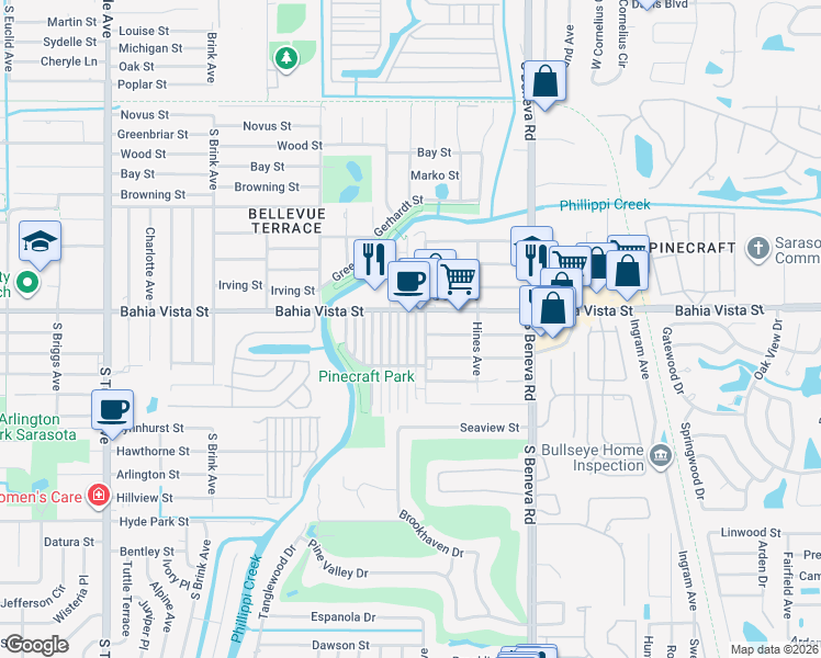 map of restaurants, bars, coffee shops, grocery stores, and more near 3404 Bahia Vista Street in Sarasota