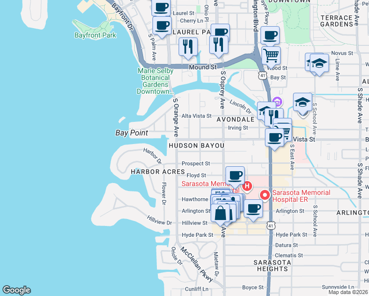 map of restaurants, bars, coffee shops, grocery stores, and more near 1231 South Orange Avenue in Sarasota