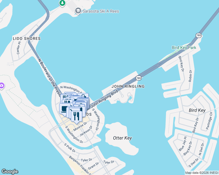 map of restaurants, bars, coffee shops, grocery stores, and more near 765 Florida 789 in Sarasota