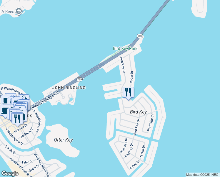 map of restaurants, bars, coffee shops, grocery stores, and more near 110 North Warbler Lane in Sarasota