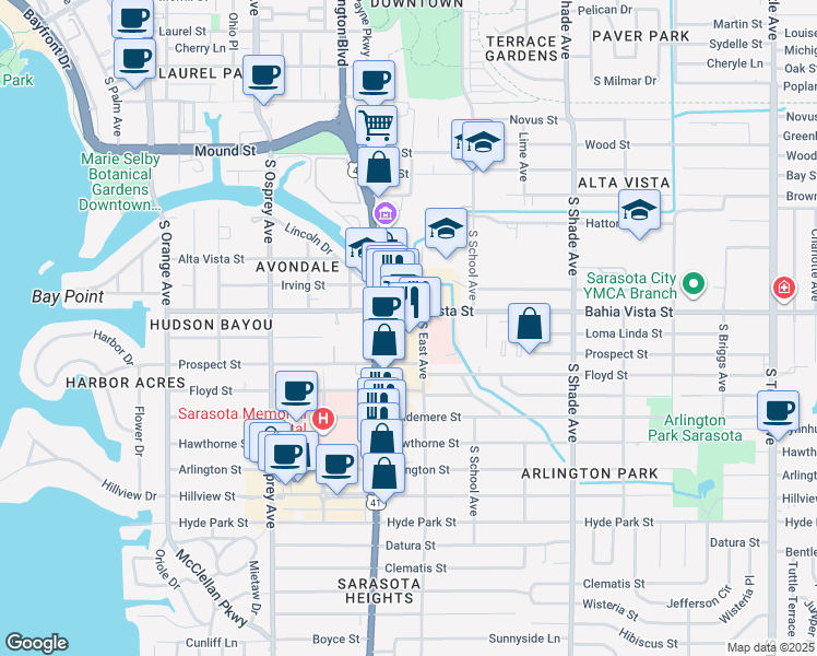 map of restaurants, bars, coffee shops, grocery stores, and more near 1281 South Tamiami Trail in Sarasota
