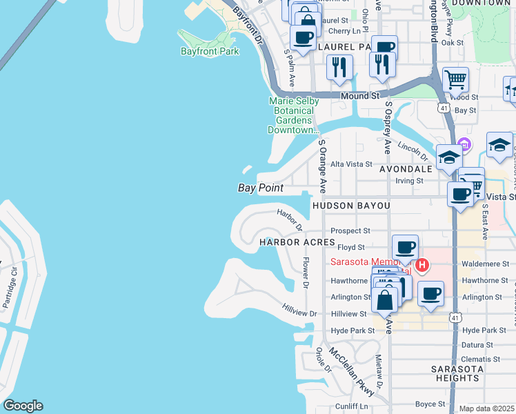 map of restaurants, bars, coffee shops, grocery stores, and more near 1358 Harbor Drive in Sarasota