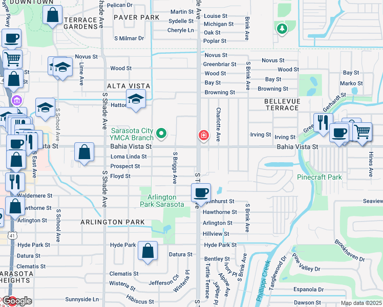 map of restaurants, bars, coffee shops, grocery stores, and more near 2750 Bahia Vista Street in Sarasota